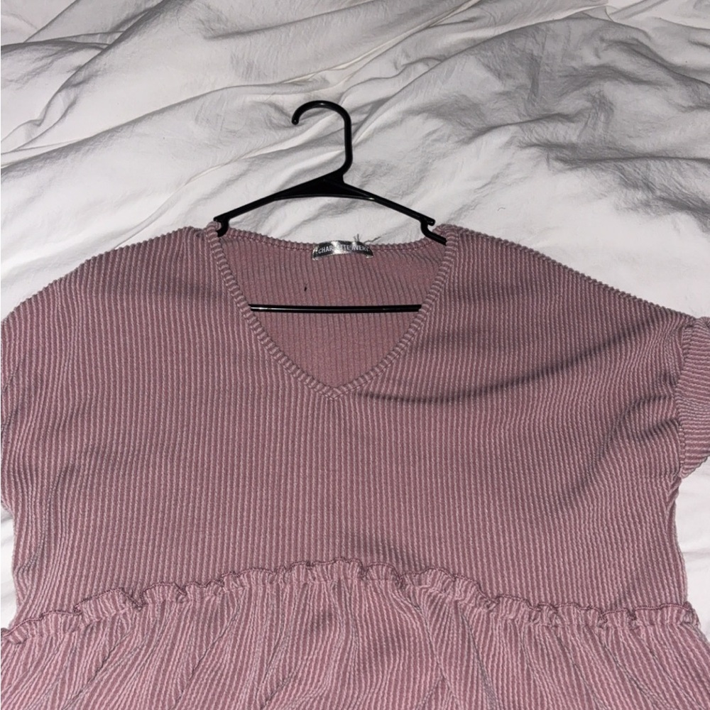 Elegant V-Neck Ribbed Blouse - Dusty Pink